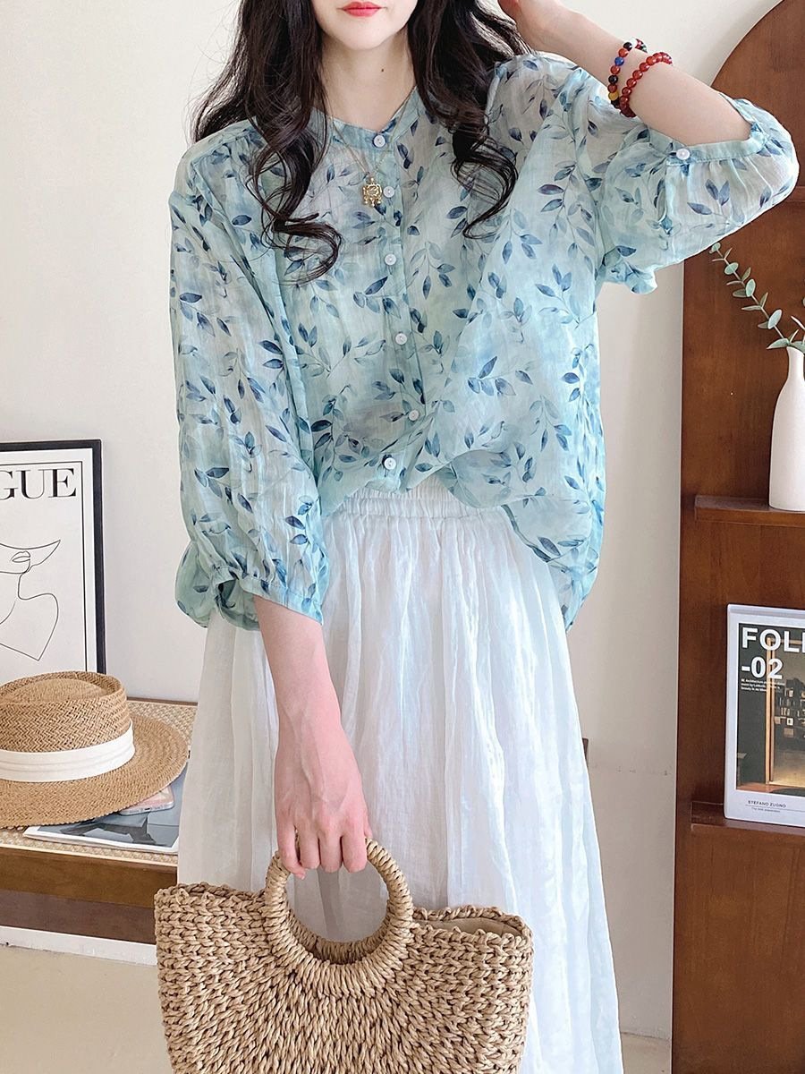 レディース シャツ 花柄 ゆったり 春夏 カジュアル きれいめ レトロ 前開き 春 夏 上品 シフォン ブルー スタンドカラー グリーン レギュラー ポリエステル