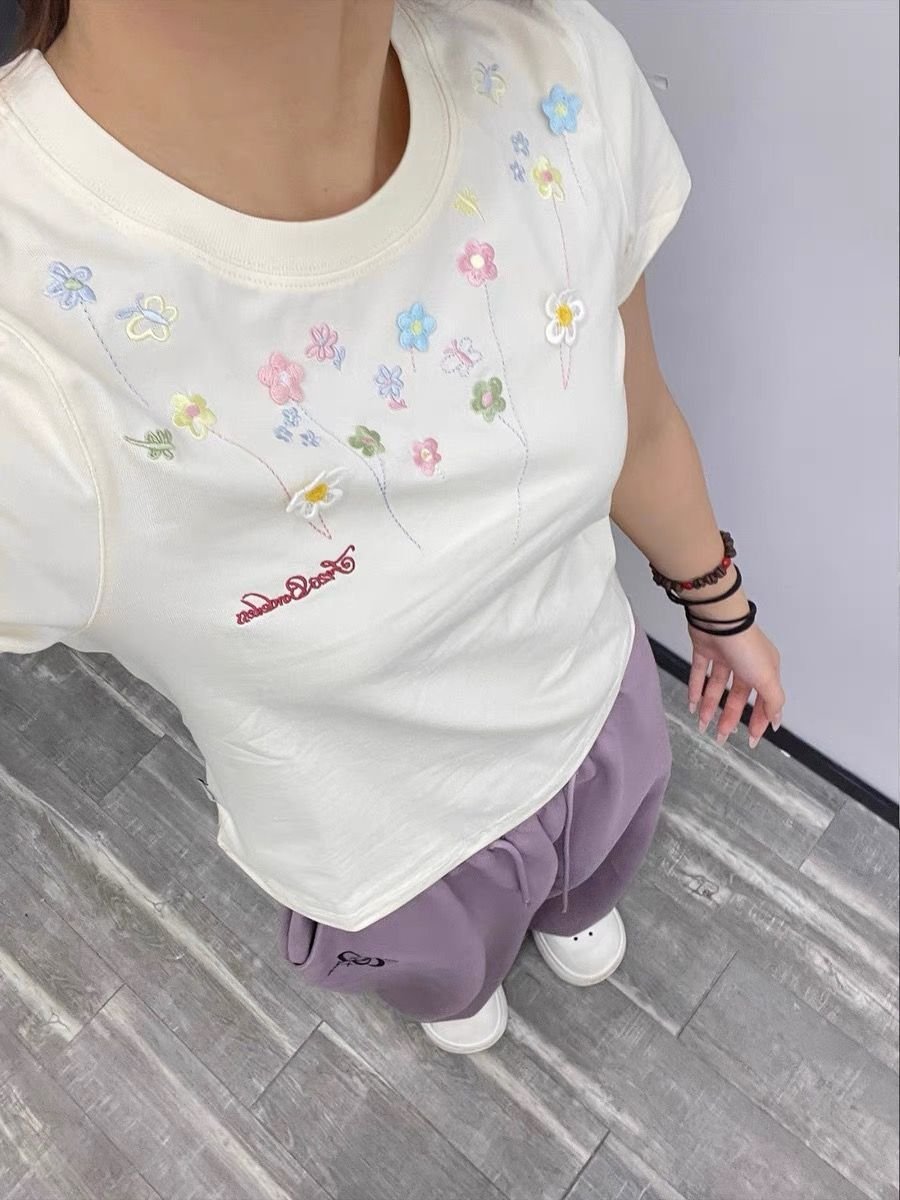 トップス 半袖 花柄 スリム 春夏 カジュアル 春 夏 ラウンドネック 刺繍 レギュラー ポリエステル
