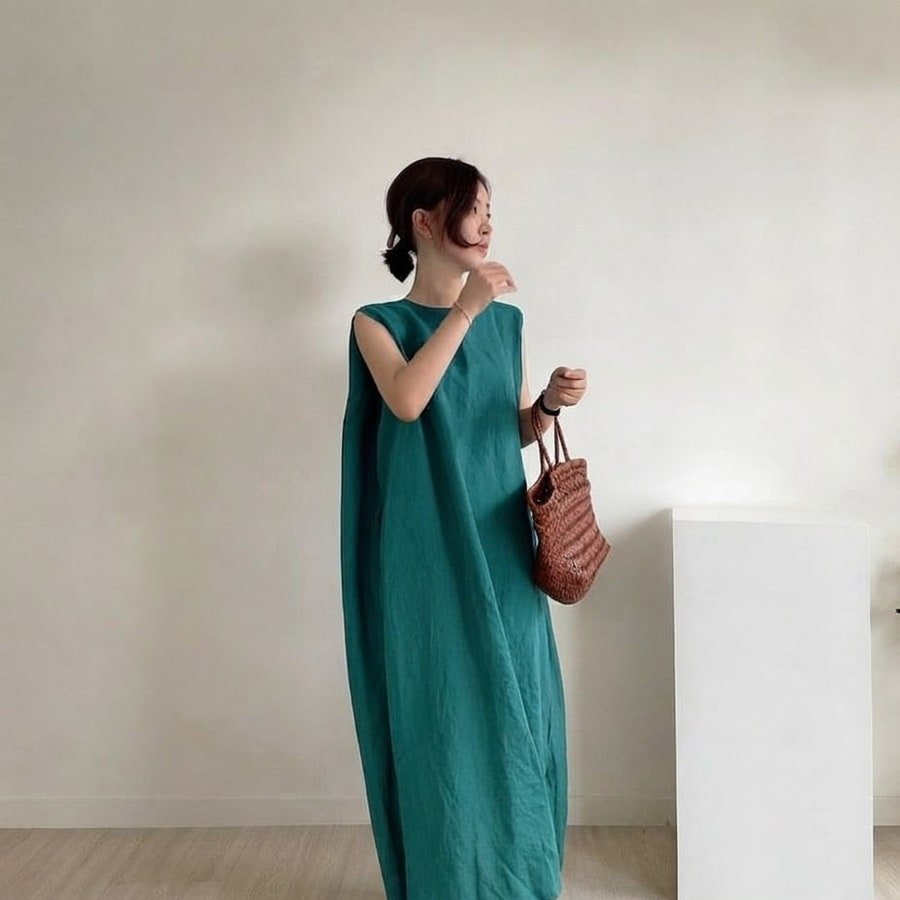 ドレス ノースリーブ 無地 春夏 きれいめ 袖なし 春 夏 ラウンドネック シンプル ロング 上品