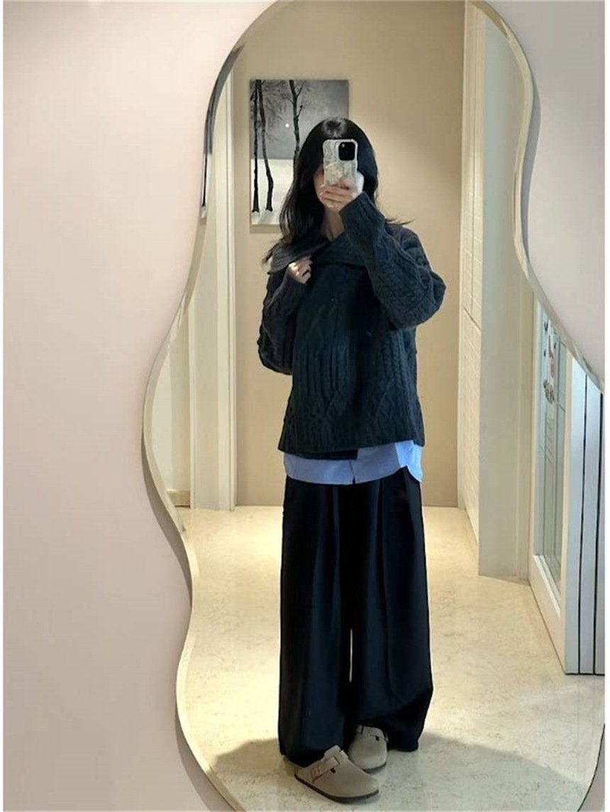 レディース ニット カーディガン 長袖 無地 ゆったり 秋冬 秋 カジュアル 体型カバー 膝丈 シンプル 冬 厚手 セーター 襟付き ポリエステル