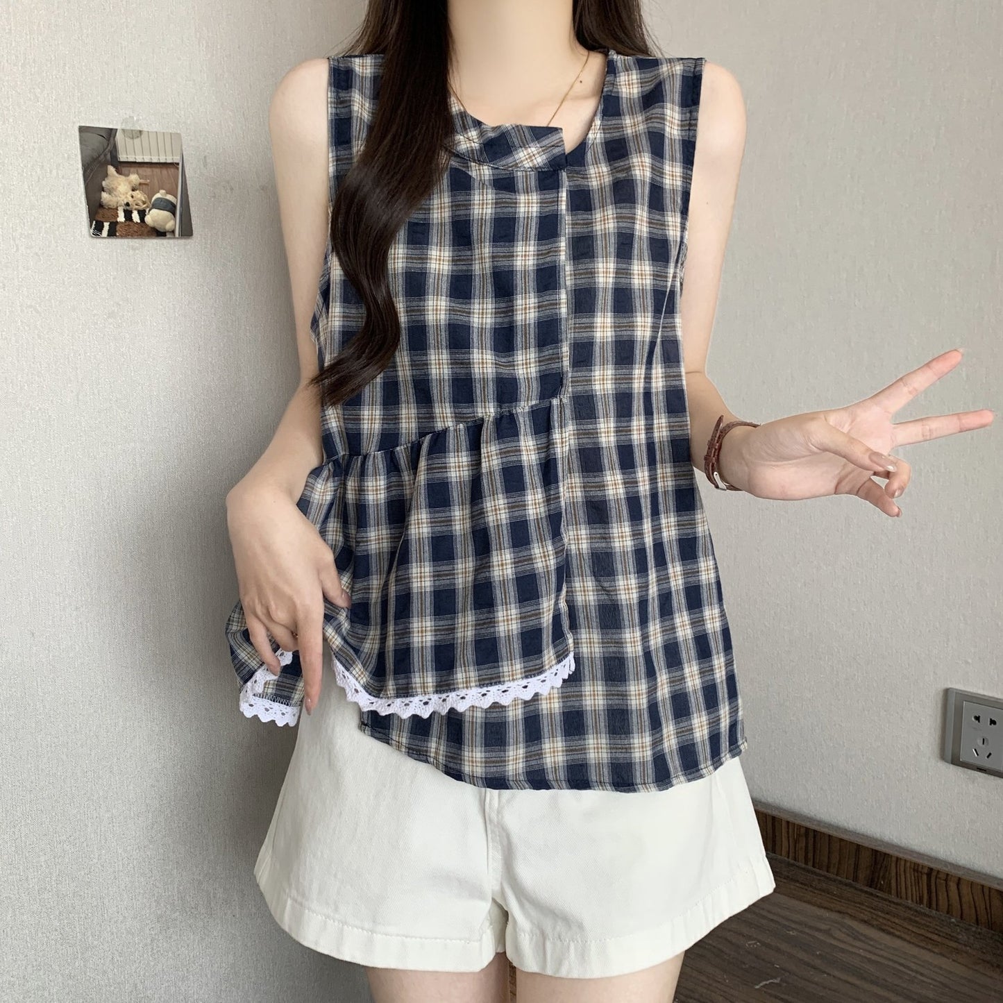 レディース シャツ チェック柄 春夏 きれいめ 大きいサイズ 前開き 春 夏 レース 上品 フリル Aライン レギュラー ポリエステル