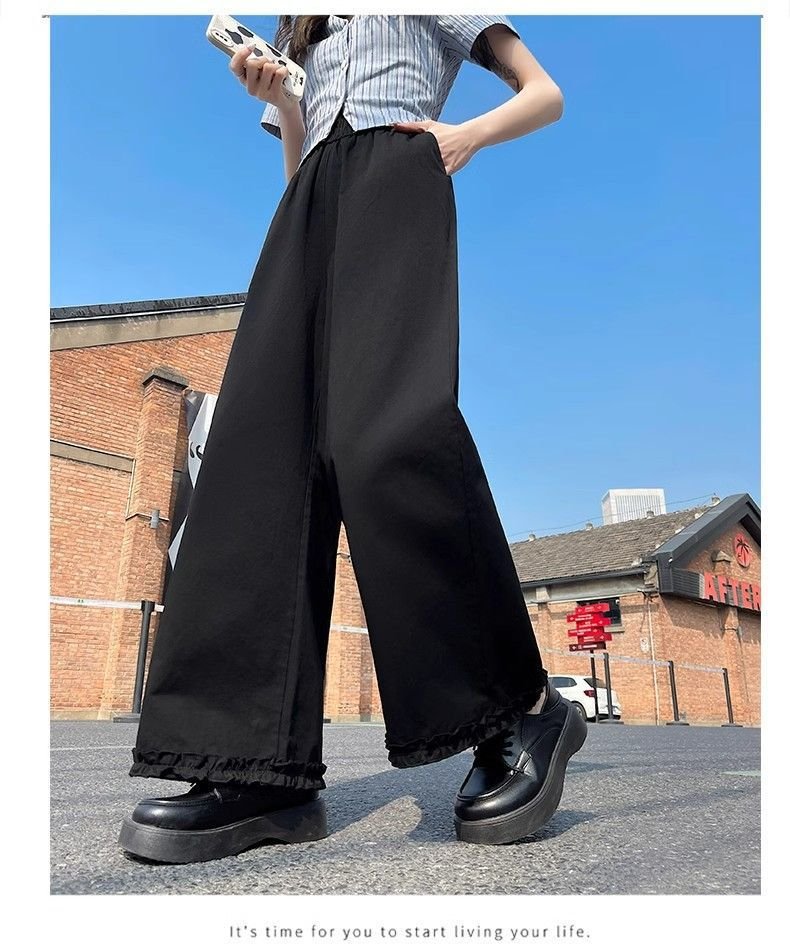 レディース パンツ 無地 ゆったり ワイド 春夏 カジュアル 春 夏 シンプル ロング フリル ワイドパンツ 切り替えデザイン ドレープ ウエストゴム ポリエステル