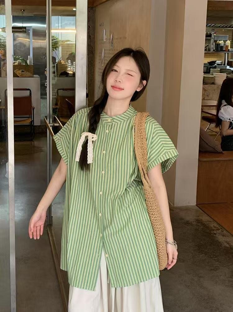 レディース シャツ トップス パンツ ボーダー ストライプ 無地 ゆったり 春夏 カジュアル きれいめ レトロ 前開き ミニ 春 夏 シンプル 上品 ロング 切り替えデザイン スーツ フェミニン タイ アプリコット セットアップ グリーン ポリエステル