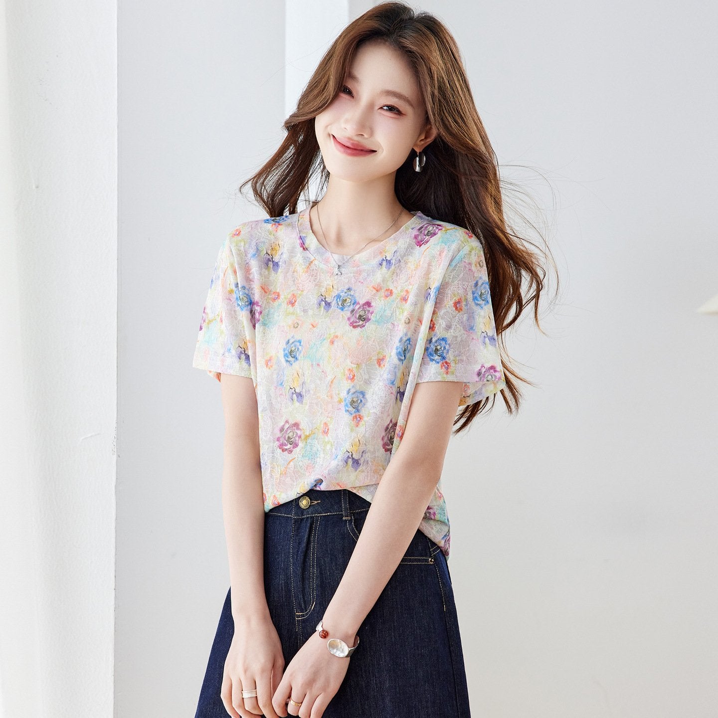 レディース トップス Tシャツ 半袖 花柄 ゆったり スリム 春夏 きれいめ おしゃれ 春 夏 膝丈 ラウンドネック 上品 クルーネック シャツ ラフ