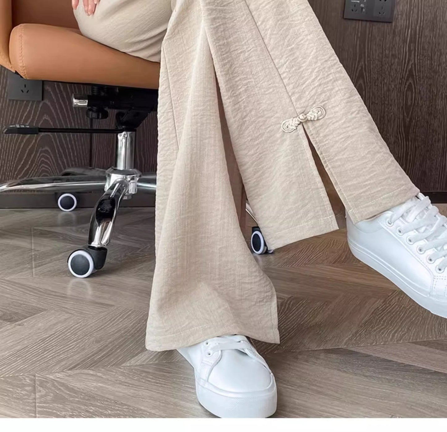 レディース パンツ コットン 綿 リネン 春夏 きれいめ 通勤 春 フレア 夏 ロング 薄手 切り替えデザイン スリット サイドスリット 都会的 ポリエステル