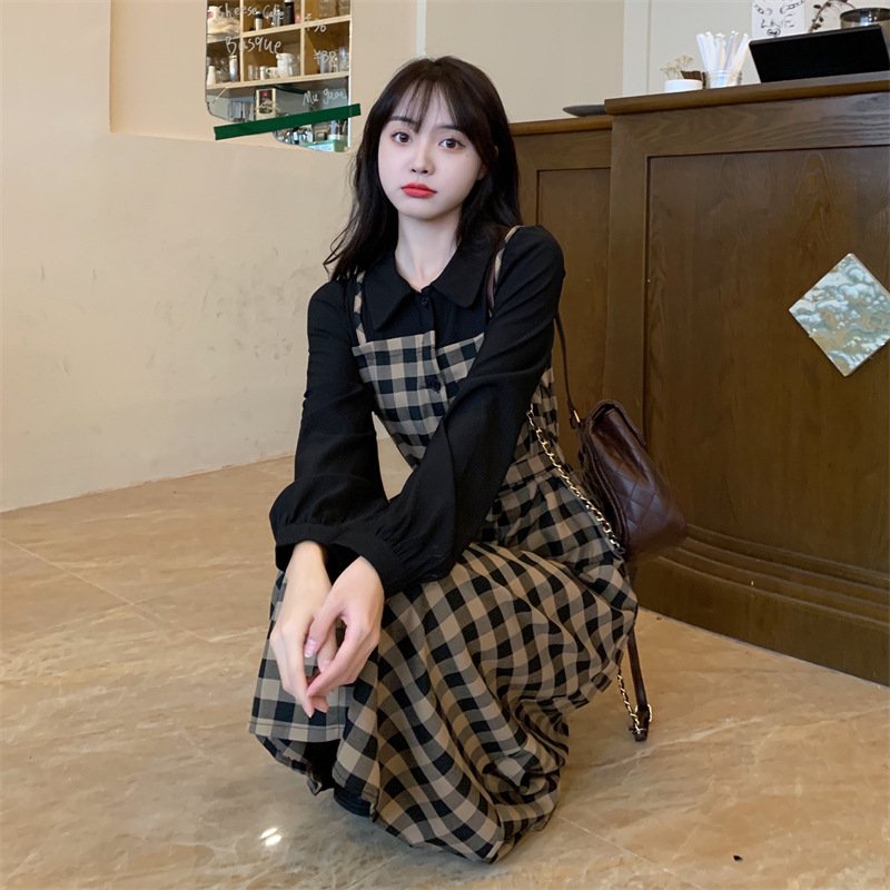 ワンピース 長袖 チェック柄 春 秋 レトロ 春夏 ぽっちゃり 襟付き