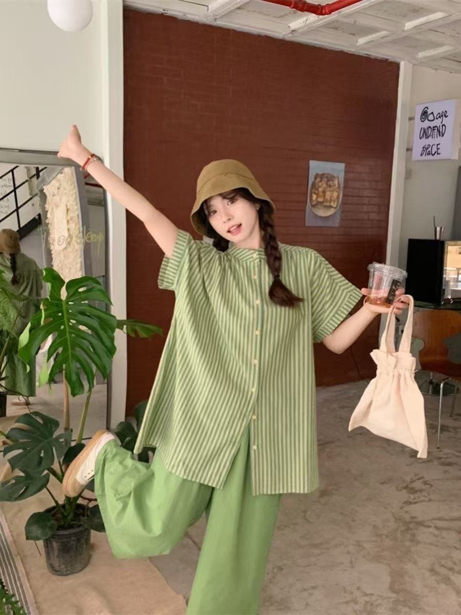レディース シャツ トップス パンツ ボーダー ストライプ 無地 ゆったり 春夏 カジュアル きれいめ レトロ 前開き ミニ 春 夏 シンプル 上品 ロング 切り替えデザイン スーツ フェミニン タイ アプリコット セットアップ グリーン ポリエステル