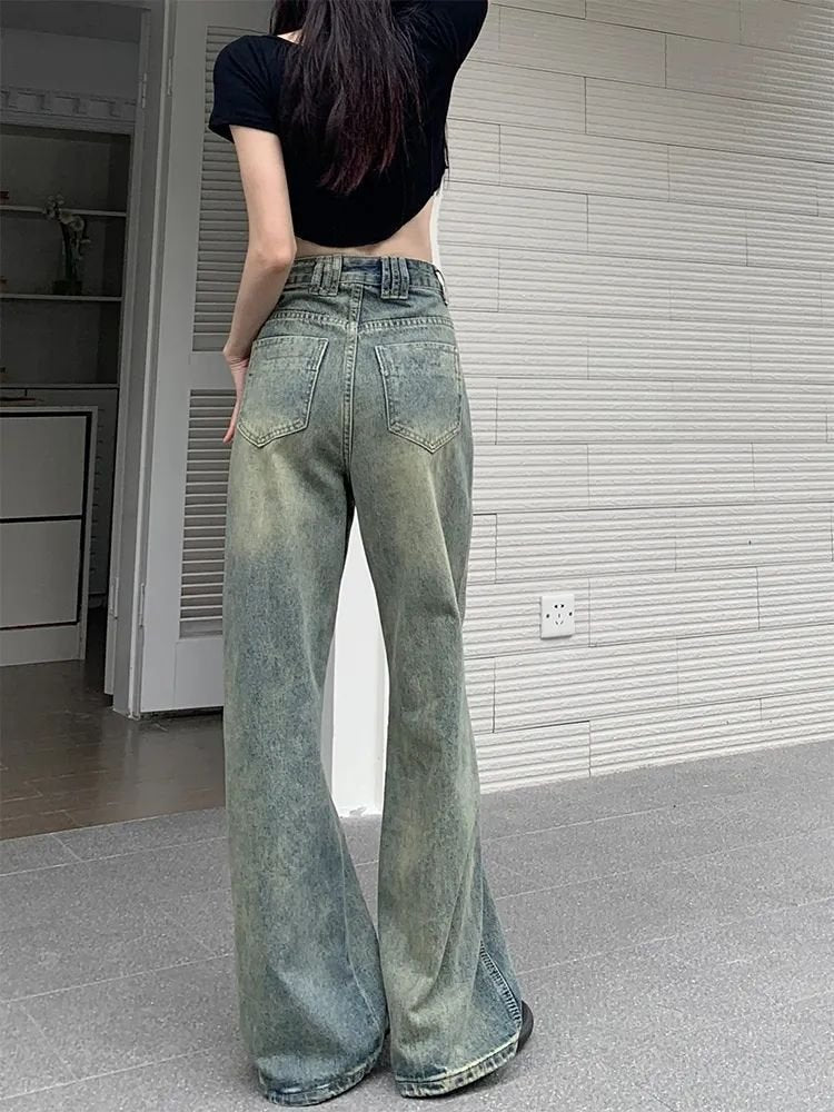 レディース パンツ ゆったり ワイド デニム 春夏 カジュアル アメリカン レトロ 大きいサイズ 春 夏 ロング ワイドパンツ 切り替えデザイン デニムパンツ ハイウエスト タイ ストレッチ ポリエステル