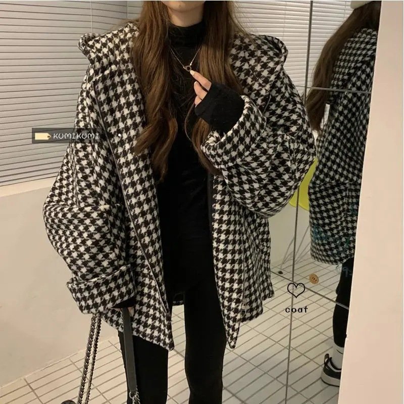 レディース カーディガン コート ジャケット チェック柄 ゆったり 秋 膝丈 ブラック ダウン パーカー フード ダウンジャケット