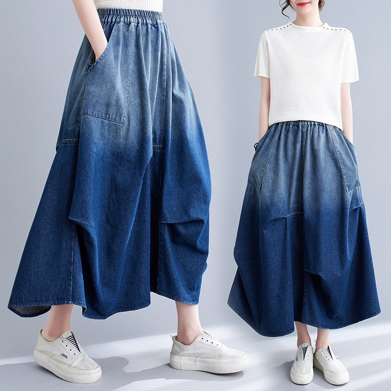 スカート スリム デニム 秋 フレア 上品 ロング ハーフ フレアスカート ポリエステル