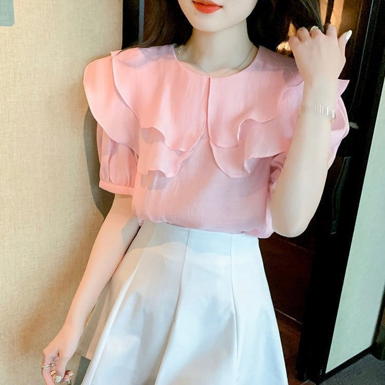 レディース トップス シャツ ブラウス 半袖 ボリューム袖 パフスリーブ フリルカラー ダブルカラー フェミニン シフォン かわいい 大人可愛い きれいめ シンプル 上品 おしゃれ ガーリー エレガント ラブリー キュート クラシカル ロマンティック 無地 春 夏 OL 通勤 デート お出かけ パーティー イベント レストラン 休日 ショッピング 普段使い 着回し 清楚 トレンド 流行 インスタ映え S M L XL 2XL 3XL 小さいサイズ 白 ホワイト オフホワイト ピンク 水色 ライトブルー
