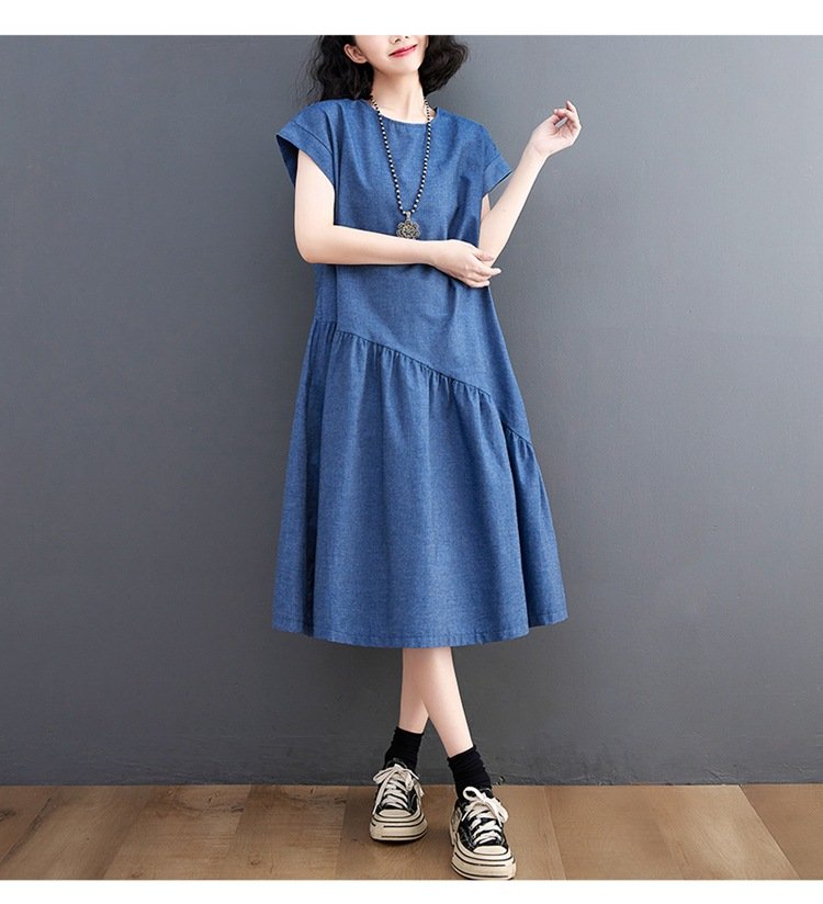 ワンピース 半袖 デニム 夏 春夏 ラウンドネック ロング 上品 大きい ポリエステル