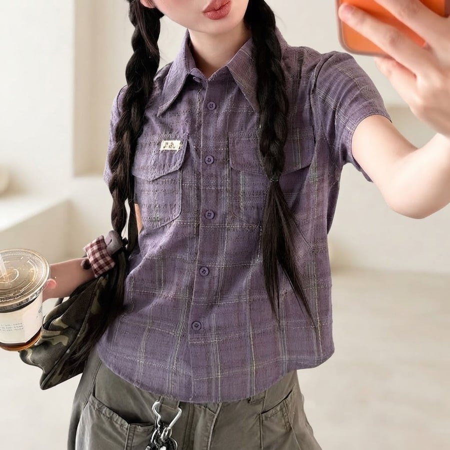 シャツ トップス 半袖 チェック柄 アニマル柄 春夏 カジュアル アメリカン レトロ 前開き ミニ 春 ショート 夏 ロング 切り替えデザイン オープンショルダー 襟付き ポケット フェミニン ボタン