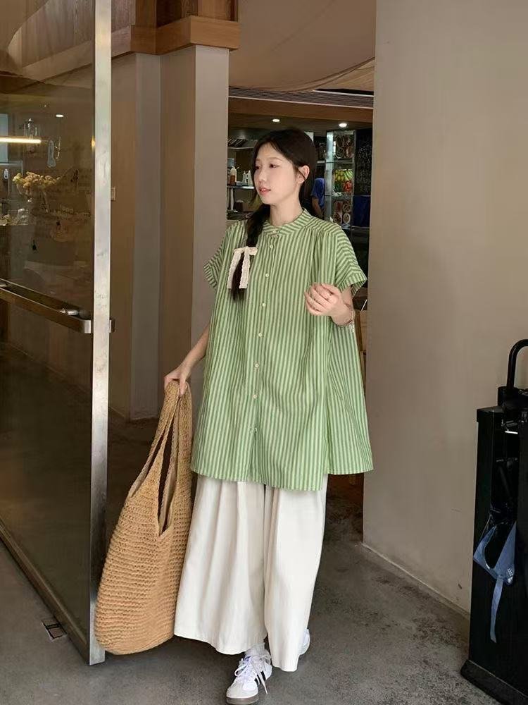 レディース シャツ トップス パンツ ボーダー ストライプ 無地 ゆったり 春夏 カジュアル きれいめ レトロ 前開き ミニ 春 夏 シンプル 上品 ロング 切り替えデザイン スーツ フェミニン タイ アプリコット セットアップ グリーン ポリエステル