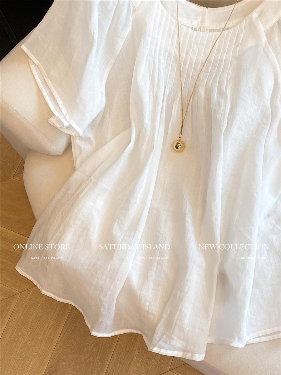 レディース シャツ トップス 半袖 アニマル柄 ゆったり コットン 綿 リネン 春夏 前開き ミニ プリーツ 春 白 夏 ラウンドネック ロング 切り替えデザイン プルオーバー フェミニン