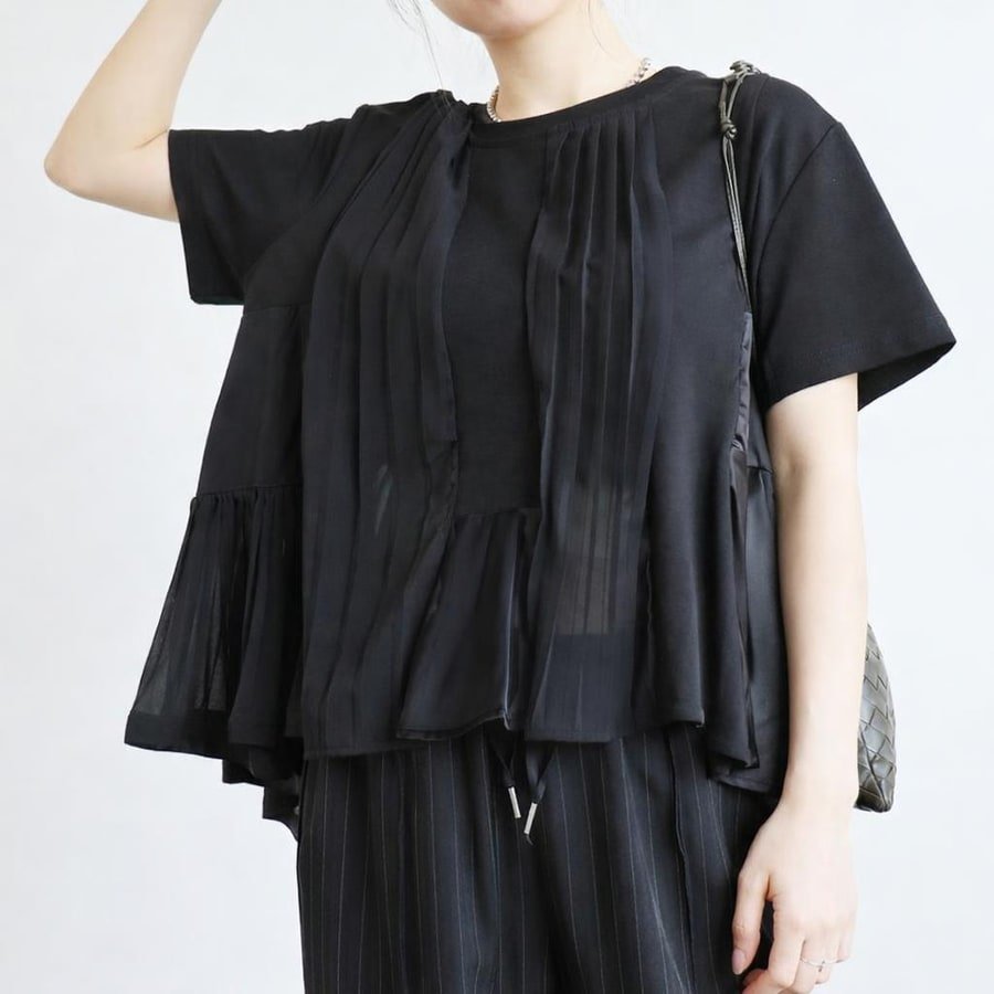 レディース トップス Tシャツ 半袖 無地 春夏 レトロ プリーツ 春 夏 シンプル シフォン シャツ