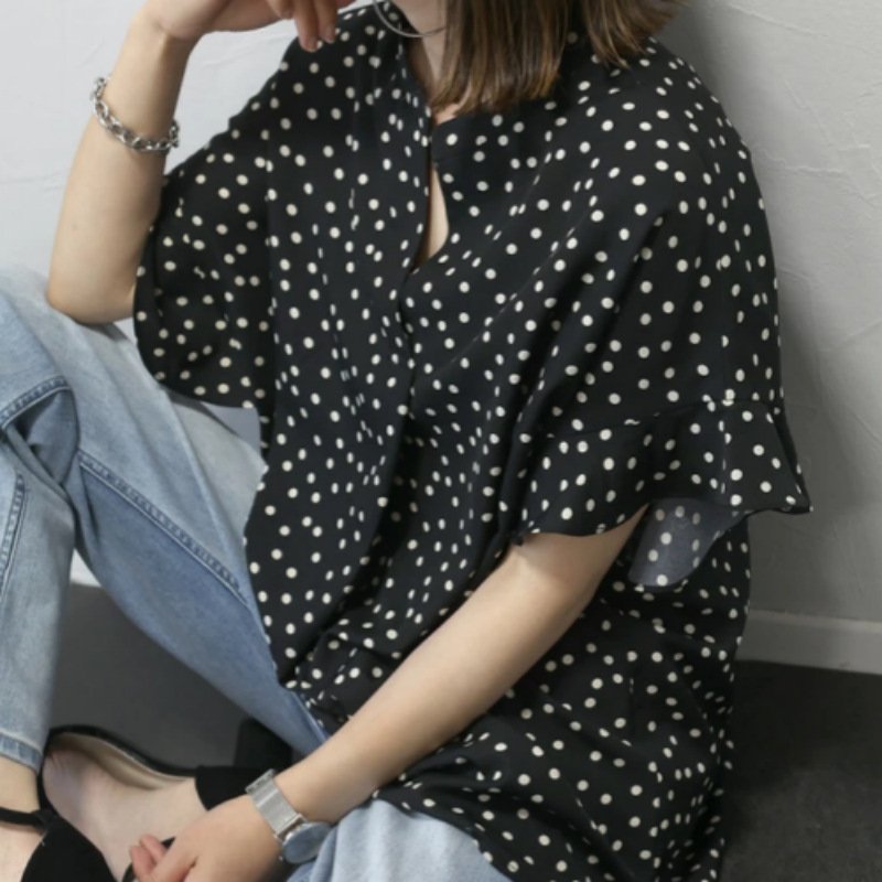 レディース ブラウス シャツ トップス 半袖 ゆったり 春夏 きれいめ 通勤 オフィス 前開き Vネック 春 夏 上品 シフォン 水玉 シフォンブラウス ポリエステル ドット