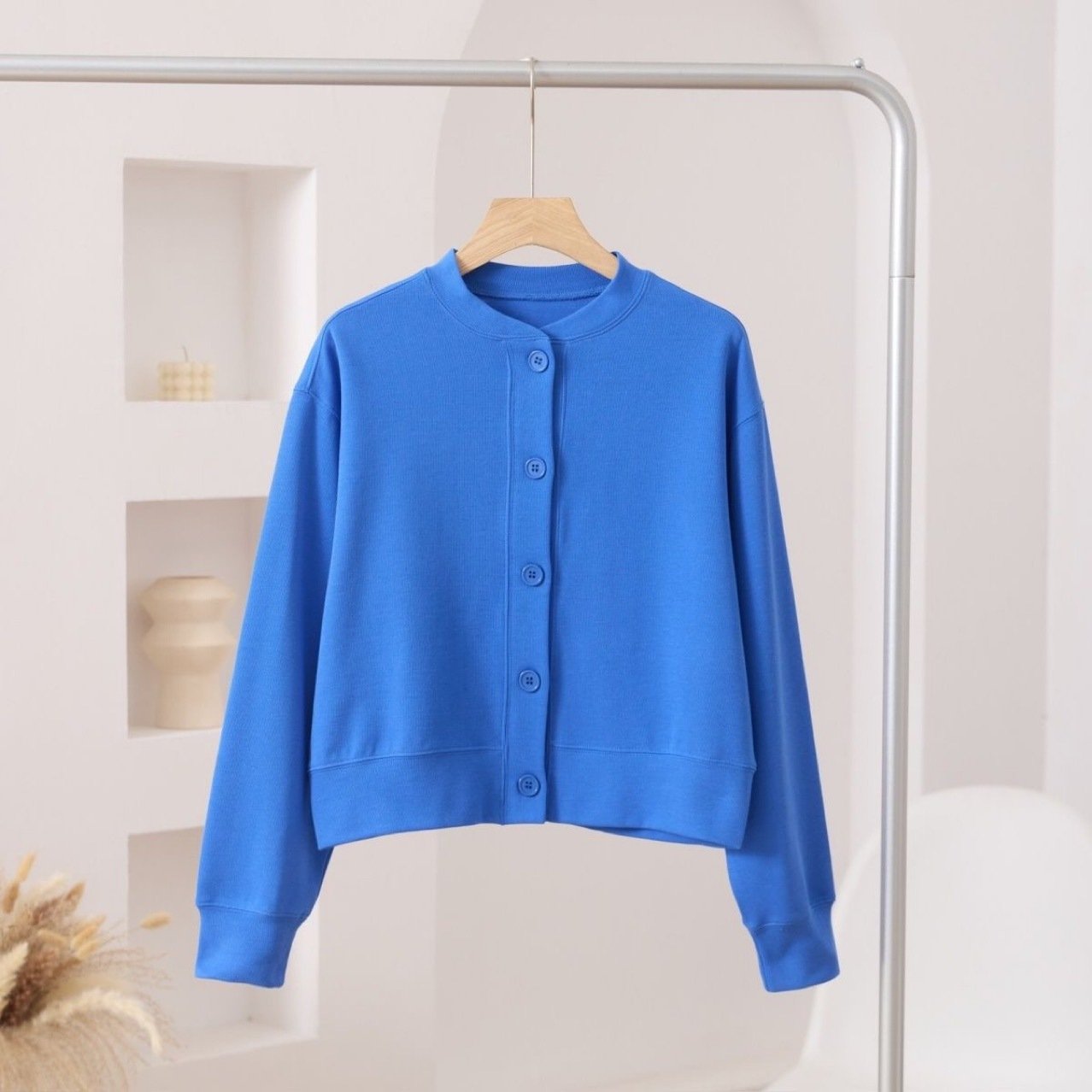 トップス カットソー ジャケット 長袖 コットン 綿 春夏 カジュアル 春 ショート 夏 ラウンドネック 秋 シンプル アウター ボタン ポリエステル