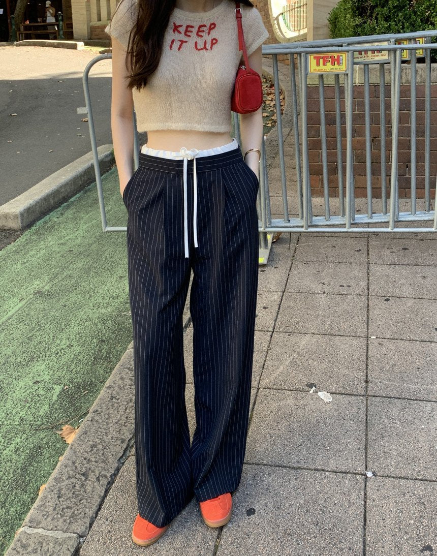 パンツ ボーダー ストライプ ワイド 春夏 カジュアル 通勤 春 夏 ワイドパンツ 切り替えデザイン ハイウエスト スーツ