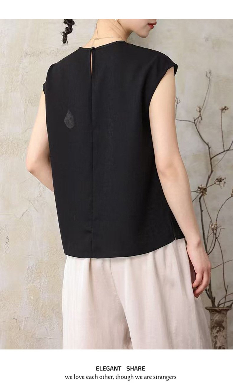 レディース シャツ トップス Tシャツ ノースリーブ ゆったり スリム 春夏 前開き 袖なし 春 夏 膝丈 ラウンドネック 切り替えデザイン ポリエステル レディースシャツ