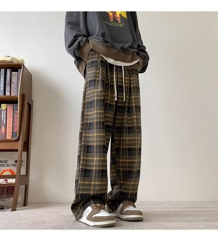パンツ チェック柄 ワイド 春 秋冬 カジュアル 秋 冬 ストレート ヴィンテージ ポリエステル