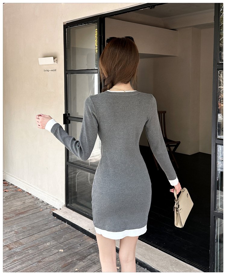 ワンピース ニット 長袖 スリム 春 秋 きれいめ 春夏 ラウンドネック 冬 ミモレ 上品 切り替えデザイン