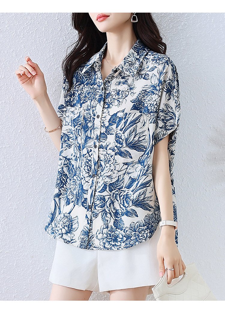レディース シャツ トップス 半袖 花柄 プリント ゆったり 春夏 きれいめ 体型カバー 前開き 春 夏 フラワー 上品 ロング 切り替えデザイン 襟付き ボタン ポリエステル