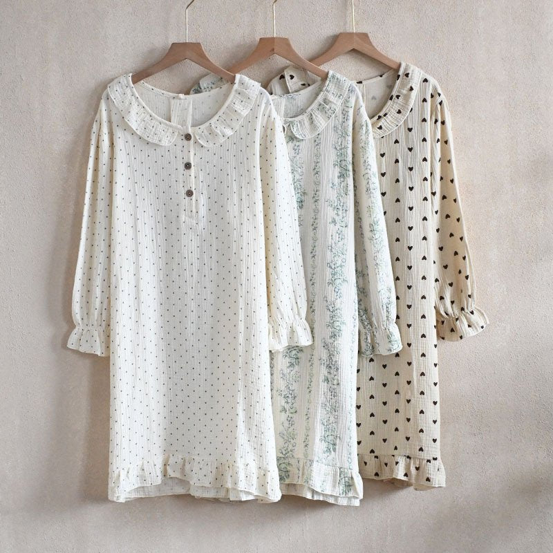 ワンピース ドレス 長袖 秋 レース ラウンドネック シフォン ロング コットン ガーゼ