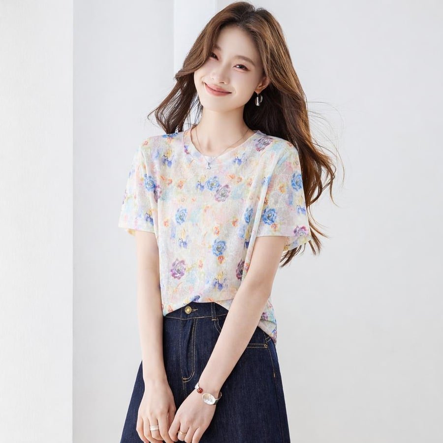レディース トップス Tシャツ 半袖 花柄 ゆったり スリム 春夏 きれいめ おしゃれ 春 夏 膝丈 ラウンドネック 上品 クルーネック シャツ ラフ
