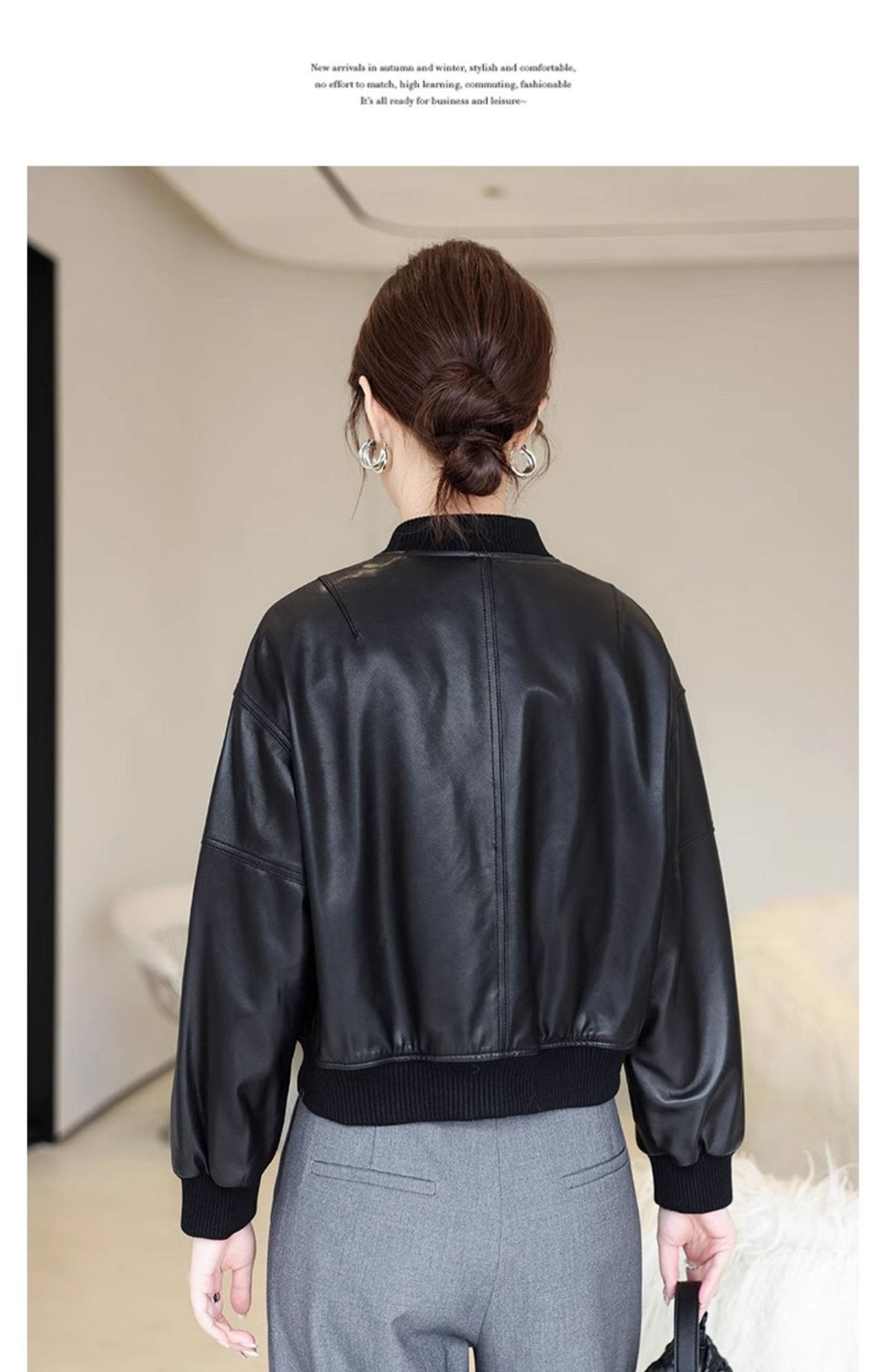 レディース ジャケット 長袖 春 秋冬 ショート 膝丈 秋 冬 レザー ベースボールカラー タイ ポリエステル レザージャケット