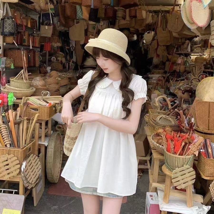 ワンピース 半袖 無地 スリム 春夏 体型カバー ミニ 春 ショート 夏 シンプル パフスリーブ ホワイト