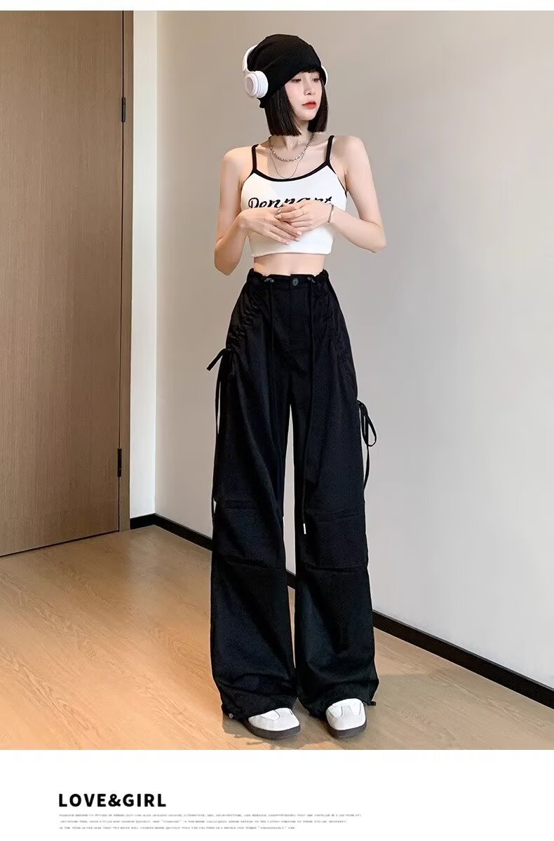 レディース パンツ ワイド カジュアル レトロ ストレート ワークパンツ 切り替えデザイン ストリート ポリエステル