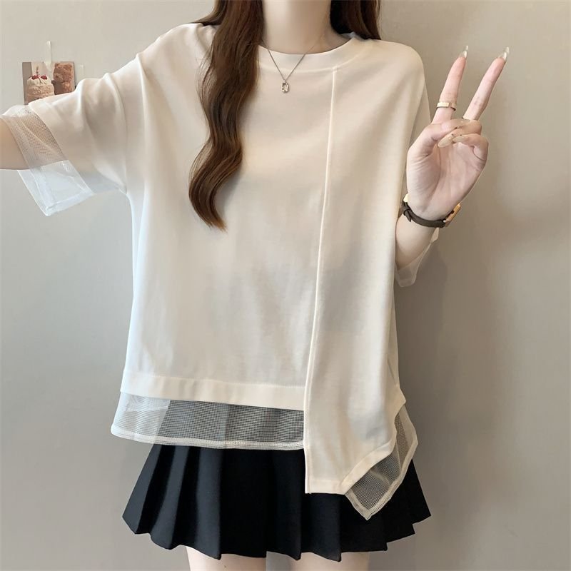 レディース Tシャツ 半袖 ゆったり 春夏 カジュアル 春 夏 ラウンドネック シャツ 切り替えデザイン ステッチ レギュラー