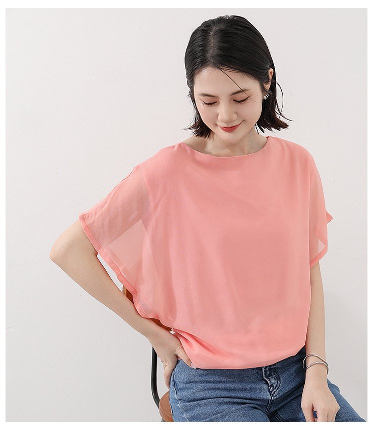 トップス Tシャツ 半袖 無地 ゆったり スリム 春夏 きれいめ 通勤 体型カバー 春 夏 ラウンドネック 上品 シフォン シャツ 薄手 丸襟 レギュラー ポリエステル