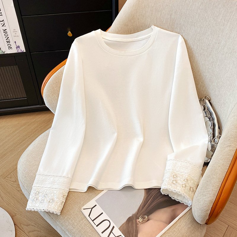 レディース Tシャツ 長袖 無地 春夏 きれいめ 春 白 夏 膝丈 ラウンドネック レース シンプル 上品 シャツ 切り替えデザイン ポリエステル