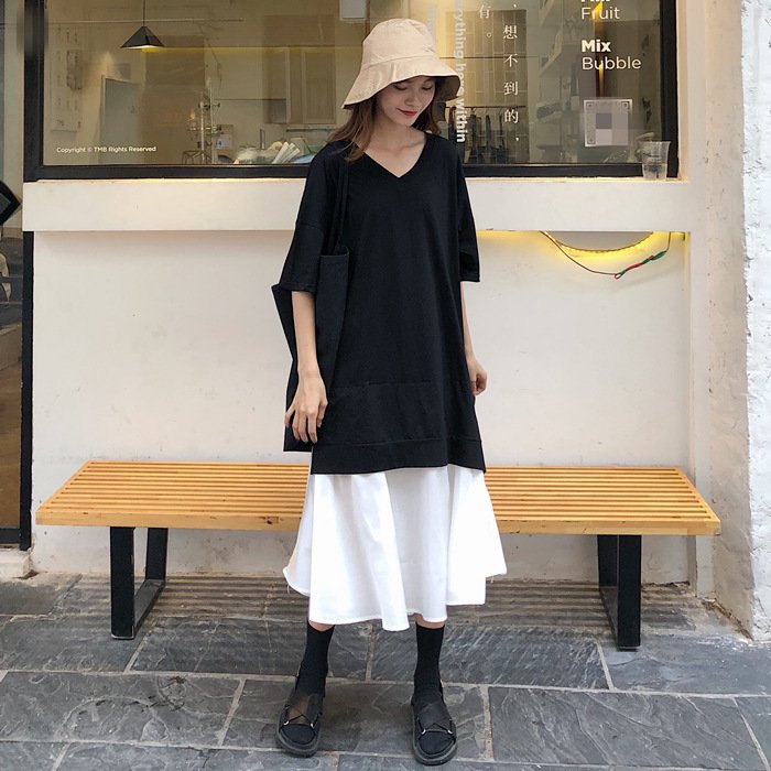 ワンピース 半袖 長袖 無地 春夏 カジュアル 体型カバー Vネック 春 夏 黒 シンプル ロング Aライン ハイウエスト