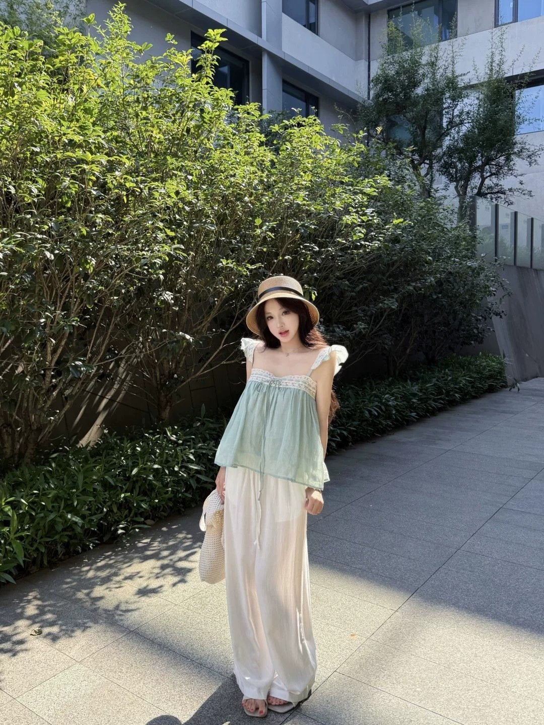 レディース トップス ゆったり スリム 春夏 きれいめ 通勤 オフィス 体型カバー 春 夏 レース ブルー キャミソール タイ グリーン レギュラー ポリエステル