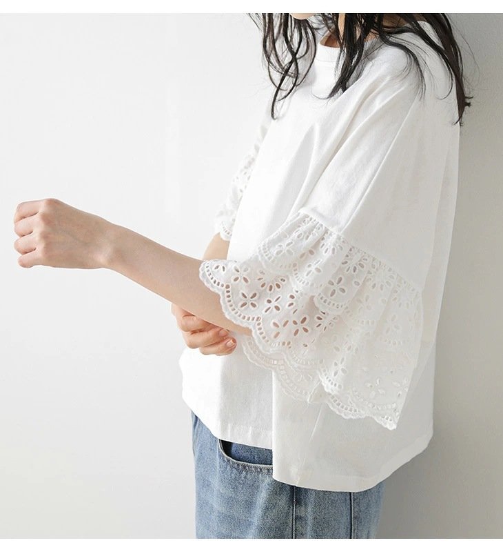 レディース トップス Tシャツ 半袖 ゆったり 春夏 カジュアル 体型カバー 春 夏 ホワイト ラウンドネック レース シャツ レギュラー