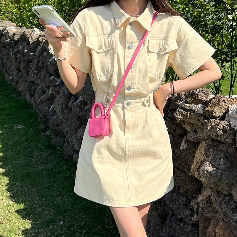 ワンピース 半袖 無地 きれいめ 通勤 シンプル 上品 襟付き ポリエステル ポロ襟