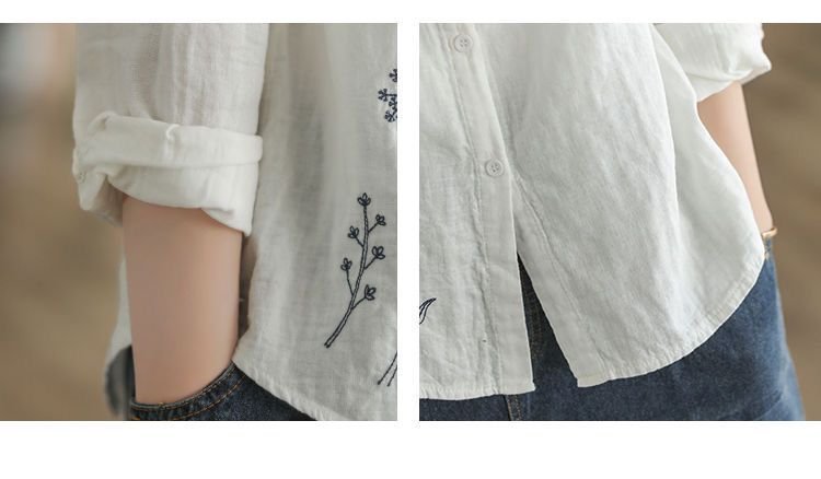 レディース ブラウス シャツ トップス 長袖 花柄 ゆったり コットン 綿 春夏 前開き 春 夏 膝丈 シンプル 刺繍