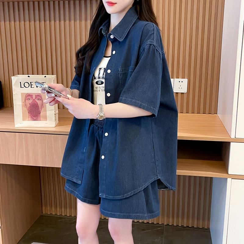 シャツ パンツ ゆったり デニム 春夏 カジュアル 大きいサイズ 前開き 春 夏 ハーフ セットアップ ポリエステル