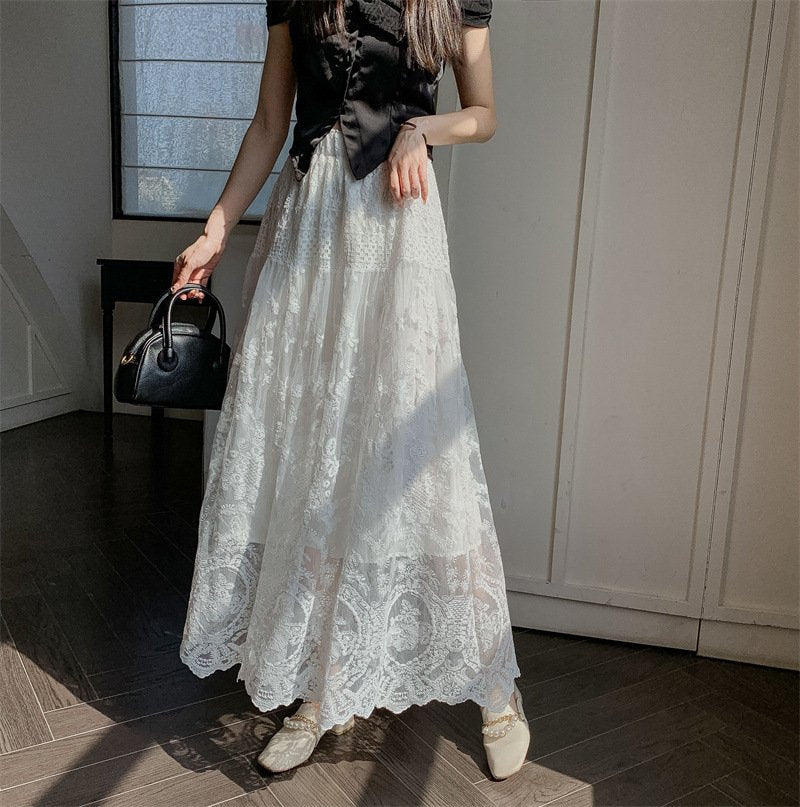 レディース スカート 無地 春夏 カジュアル 春 夏 レース 上品 ロング 切り替えデザイン ハーフ ハイウエスト ストレッチ ロングスカート