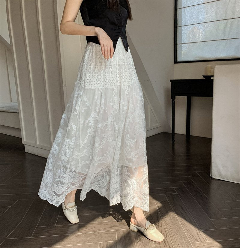 レディース スカート 無地 春夏 カジュアル 春 夏 レース 上品 ロング 切り替えデザイン ハーフ ハイウエスト ストレッチ ロングスカート