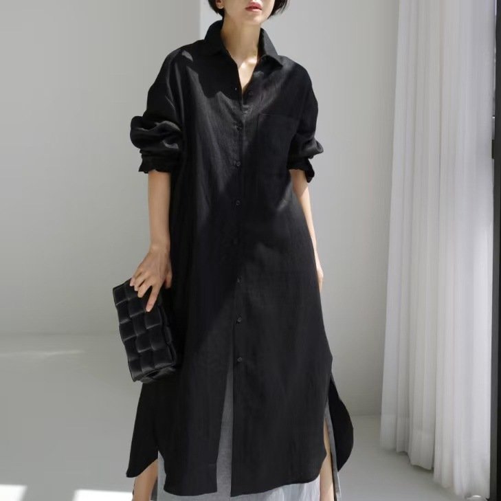 ドレス 長袖 無地 春夏 カジュアル きれいめ 春 夏 膝上 シンプル 秋 ミモレ ロング 上品 スリット ハイウエスト シック