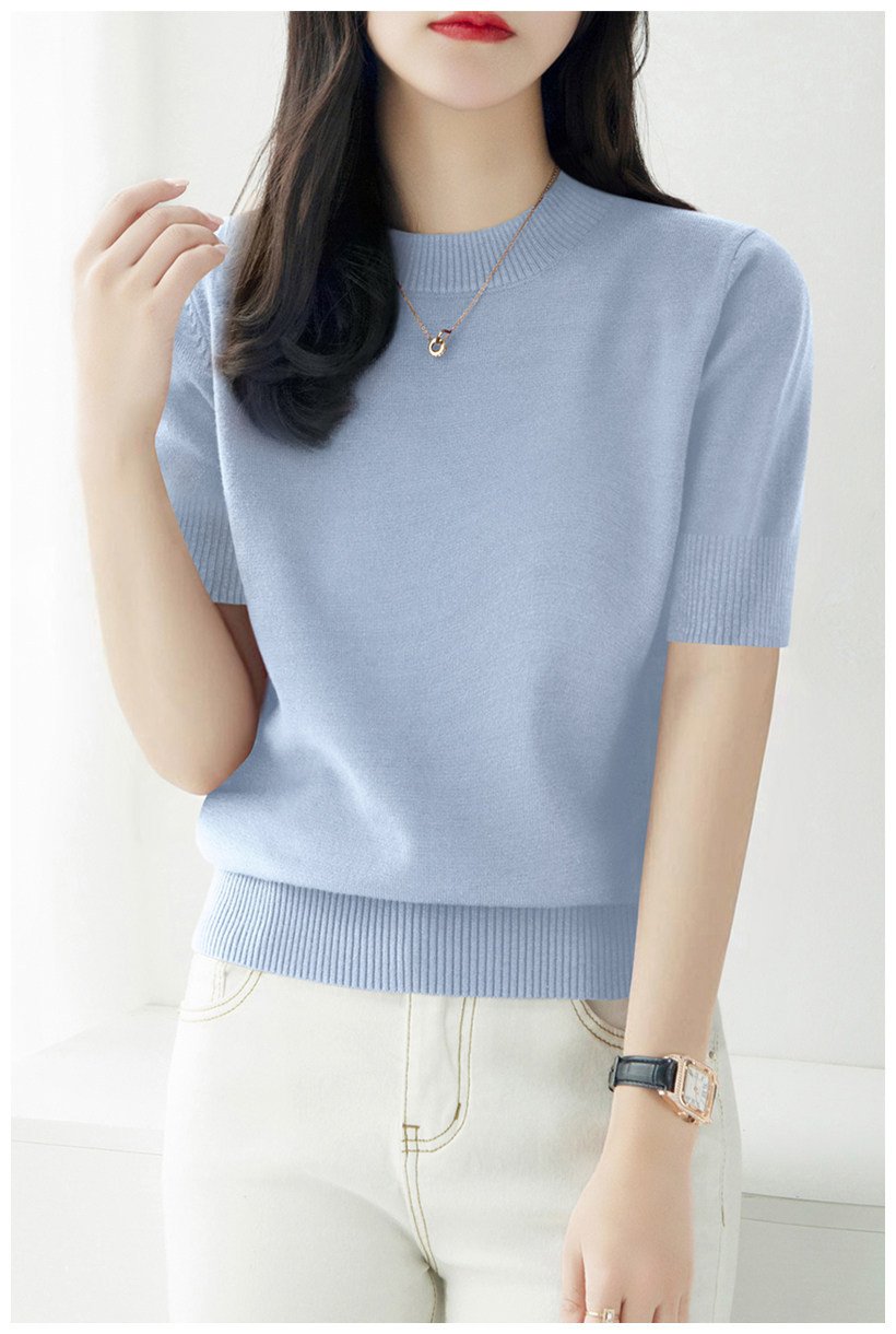 レディース トップス Tシャツ ニット 半袖 長袖 無地 ゆったり 春夏 きれいめ 通勤 オフィス 体型カバー おしゃれ 春 夏 ラウンドネック シンプル シャツ プルオーバー ブルー ストレッチ インナー レギュラー