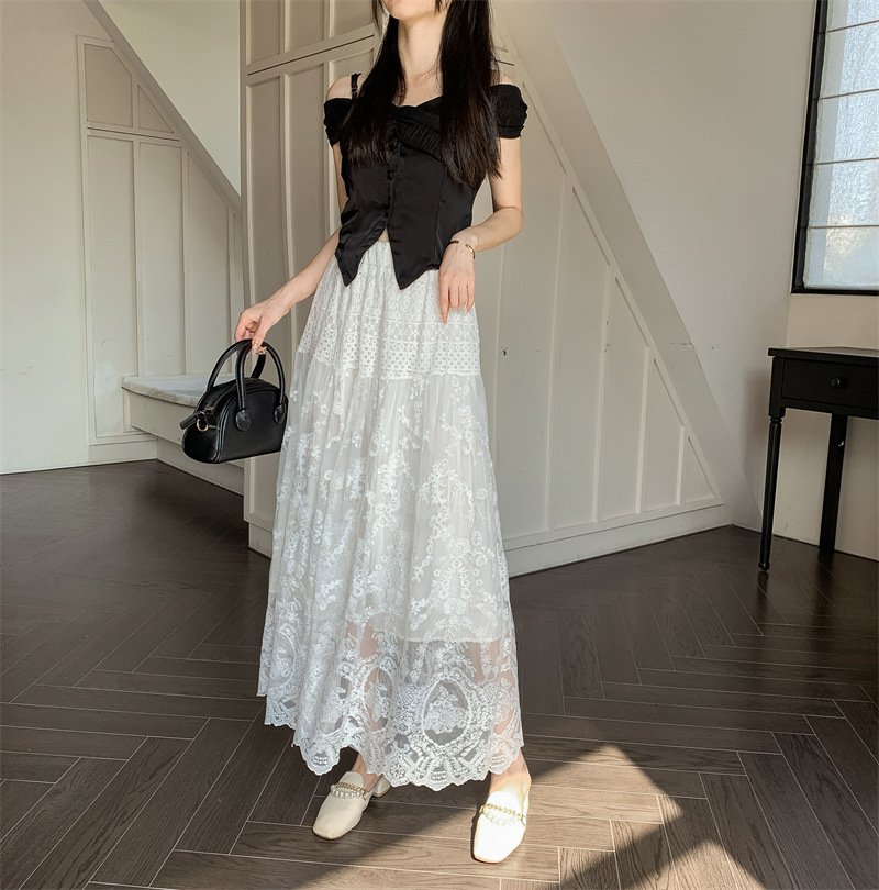 レディース スカート 無地 春夏 カジュアル 春 夏 レース 上品 ロング 切り替えデザイン ハーフ ハイウエスト ストレッチ ロングスカート