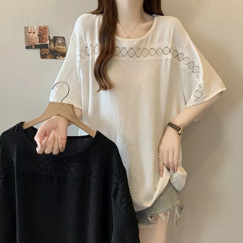 レディース シャツ トップス Tシャツ 半袖 無地 ゆったり 春夏 きれいめ 通勤 大きいサイズ おしゃれ 体型カバー 前開き 春 夏 ラウンドネック タイト レース シンプル 細身 シフォン タイ 都会的 レギュラー 着痩せ