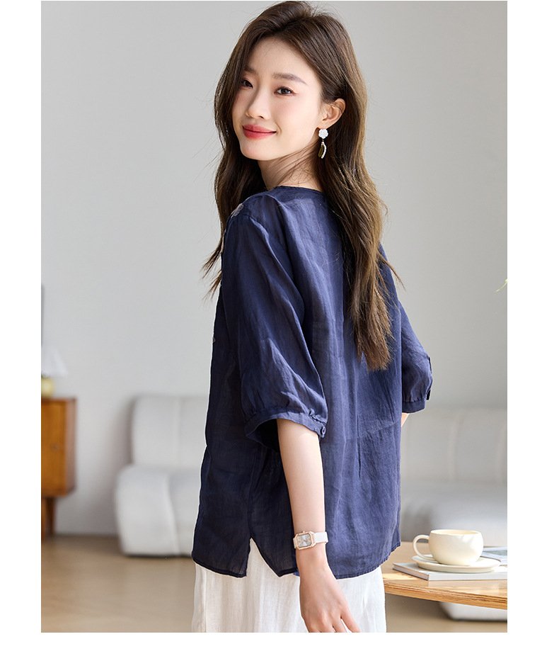 レディース シャツ トップス Tシャツ 半袖 ゆったり リネン 春夏 体型カバー 前開き Vネック 春 夏 膝丈 ママ 刺繍 切り替えデザイン プルオーバー