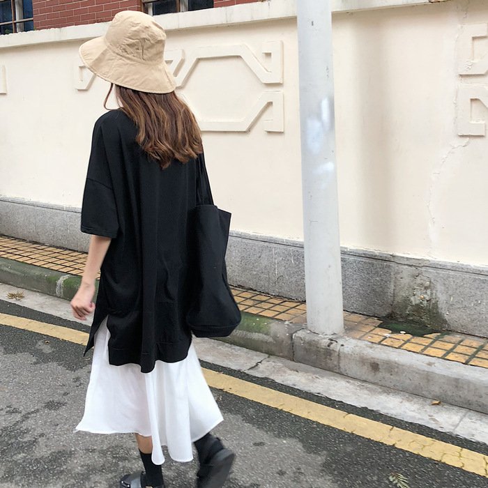 ワンピース 半袖 長袖 無地 春夏 カジュアル 体型カバー Vネック 春 夏 黒 シンプル ロング Aライン ハイウエスト
