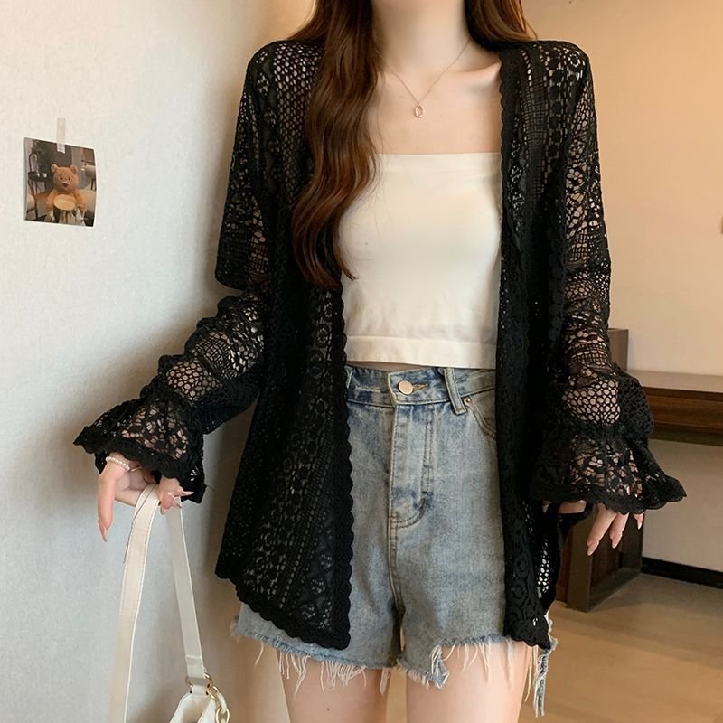 シャツ カーディガン 長袖 ゆったり 春夏 カジュアル 前開き 春 夏 レース ミモレ ベルスリーブ ポリエステル
